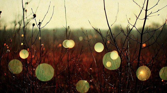 18. Shallow depth field with abstract circles of light in nature tones, featuring gentle glowing spots in moss green and warm beige hues softly scattered in an out-of-focus natural setting