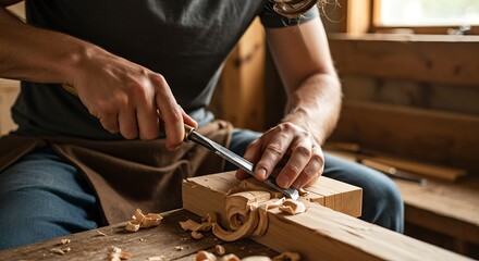 Man Woodworking Hand Carving Wooden Block in Workshop with Natural Light