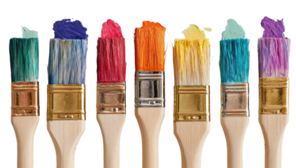 Paintbrushes dipped in various vibrant colors, arranged in a horizontal row.  Wooden handles and colorful paint tips
