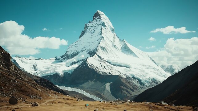 177. Snow-covered mountain peaks under clear blue sky with soft clouds