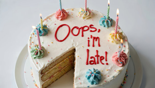 Funny belated birthday cake features white frosting with Oops, Im Late. in red icing. A slice is missing, with lit candles and colorful sprinkles adorning the festive dessert.