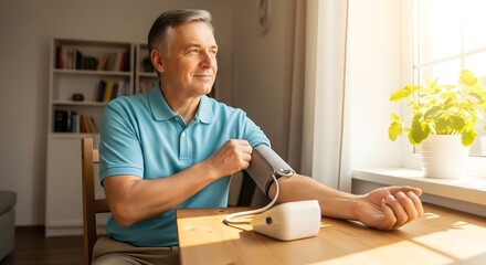 Elderly man monitors his health by checking his blood pressure at home, looking out window with hopeful expression