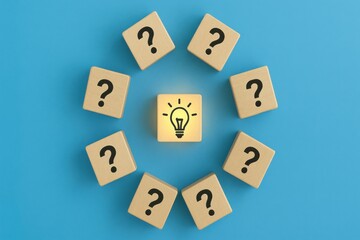 Obraz premium Innovative Problem-Solving Approach Creative Workspace Visual Concept Blue Background Top View Breakthrough Ideas