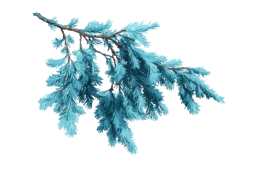 A teal-colored pine branch, frosted and detailed