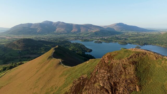 Aerial view of Catbells mountain and Derwent Water lake in Lake District UK