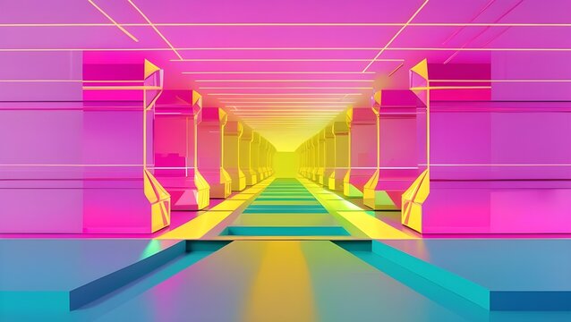 Perspective view of a futuristic neon-lit hallway in bright pink, yellow, and cyan tones, creating a glowing retro tunnel effect. - Powered by Adobe