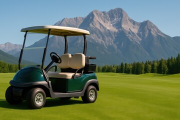 Outdoor Sports Event Green Golf Cart on Bright Fairway Majestic Mountain Range Luxury Lifestyle Scenic View