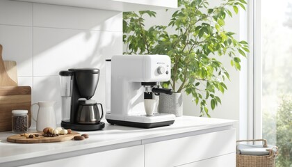 Fototapeta premium Modern white espresso machine, black drip coffee maker on kitchen counter. Near coffee beans, jug, fresh ingredients. Includes indoor plant, bright window light. Suitable for morning routines, cafes,