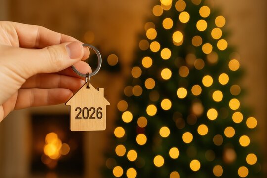 Hand Holding House-Shaped Keychain with Engraving Christmas Tree Background Real Estate Theme Warm Bokeh Lights, Happy New Year 2026 and Christmas Day