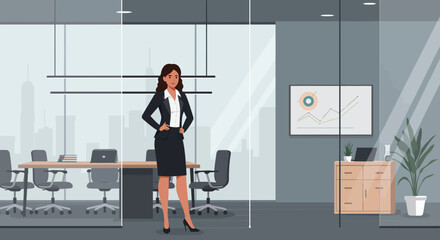 Successful female executive and leader posing confidently in a contemporary glass wall office space