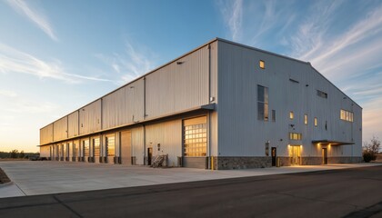 Obraz premium Modern industrial warehouse exterior with corrugated metal siding, multiple garage doors. Features clean, spacious design under bright sky, suitable for storage, manufacturing, logistics operations.