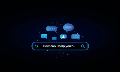 Futuristic AI Virtual Assistant Bar for Customer Service, with digital and technological service icons. Futuristic Intelligent Search Automation, Digital Business Support, Futuristic AI. Blue color