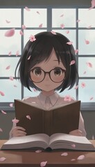Young anime girl with big eyes wears glasses, reads book. Pink cherry blossoms float around as sits by window. Focused expression, academic setting suggest studious student enjoying learning.