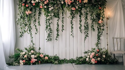 Floral backdrop with roses and greenery against white wooden panels decor
