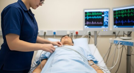 Caring nurse meticulously attaches patient to vital sign monitoring equipment in modern medical setting with detailed readouts on screens