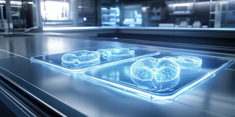 Obraz premium Engineer biomedical automation Concept. Futuristic kitchen with illuminated food items displayed on a sleek countertop.