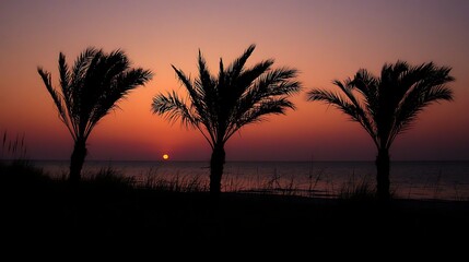 175. Sunset silhouette of palm trees against vibrant orange and purple sky
