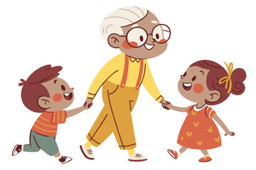 Naklejka premium Happy grandfather walking with his two smiling grandchildren holding hands outdoors
