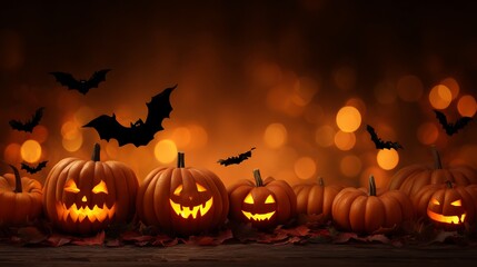 Fototapeta premium Eerie enchantment: Spooky jack-o'-lanterns aglow, celebrate halloween night ambiance