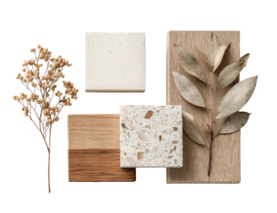 Overhead view of natural materials.  Stacked light beige and  light brown stone and wood samples, accented by a dried flower arrangement and leaf