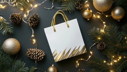 White gift bag, Christmas decor, dark background