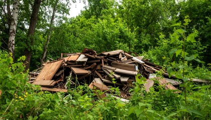 Pile of discarded wood in overgrown area