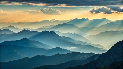 Majestic mountain range silhouette at sunset with atmospheric haze and dramatic sky isolated on transparent background
