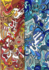 An abstract illustration divided into two contrasting halves. Together, the two parts create a balance of opposites - fire and water, heat and cold, emotions and reason. 