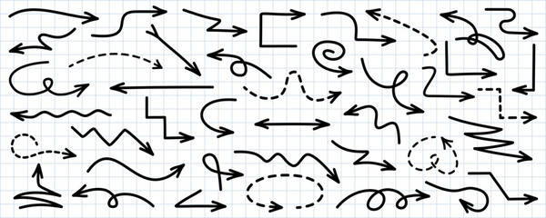 Set of simple hand drawn black line arrows in different styles. Arrow element set. Twisted curved arrows. Hand drawn arrow collection