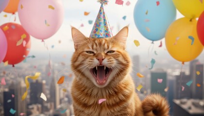 Joyful ginger cat wearing colorful birthday hat meows loudly in shower of confetti and bright balloons. This adorable feline is celebrating special occasion, exuding pure happiness and festive cheer.