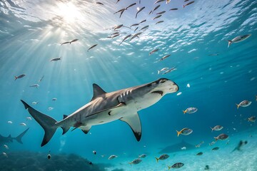 Fototapeta premium Sandbar shark swimming in clear blue ocean water with sun rays shining through