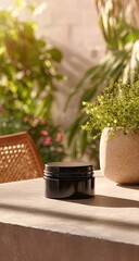A matte black jar sits on a light beige surface outdoors, bathed in sunlight, amongst lush greenery and plants