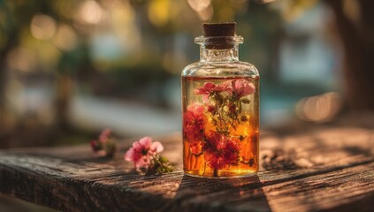 A small glass bottle, cork stopper, filled with a golden liquid and delicate pink flowers,