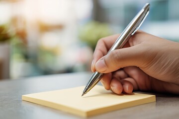 Hand writing on yellow sticky note on a table.
