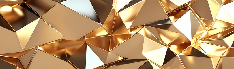 Geometric Faceted Abstract Background in Metallic Gold with Sharp Edges and Reflective Surfaces