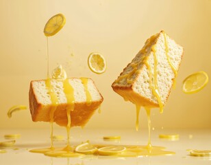 Two levitating lemon cake slices with dripping golden glaze. Fresh citrus slices suspended in motion. Fluffy baked pastry with sugary frosting, sweet indulgence, pastel yellow theme.