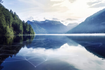Digital technology circuit patterns overlaying pristine mountain lake landscape, AI data visualization in nature, futuristic environmental monitoring, tech meets wilderness concept