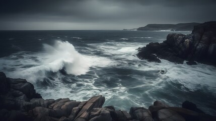 Obraz premium Crashing Ocean Waves at Sunset. Fiery Sky Meets Sea Power