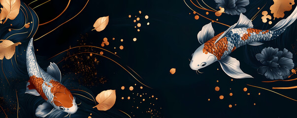 Elegant Japanese Koi Fish Swimming Amidst Delicate Blossoms and Golden Swirls on a Dark Background, Artistic Illustration
