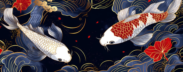 Vibrant Koi Fish Swimming Gracefully Through Stylized Wavy Blue Clouds with Red Floral Accents