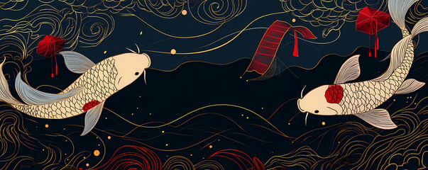 Decorative background with two elegant koi fish swimming amidst swirling blue and gold waves, Chinese motifs, and subtle red accents, suitable for traditional art or cultural themes