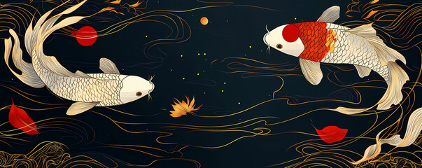 Koi Fish Swimming in Serene Waters with Golden Accents A Decorative Illustration