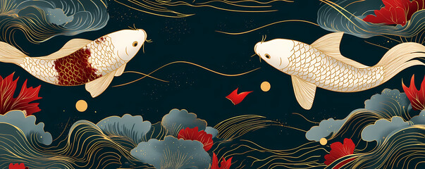 Elegant Koi Fish Pond Illustration with Lotus Flowers and Water