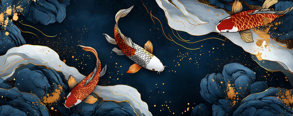 Graceful koi fish swim in deep blue stylized water, accented with shimmering gold and flowing clouds. This elegant illustration evokes prosperity and tranquility