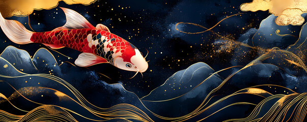 Elegant Japanese Koi carp swimming gracefully in a celestial river with shimmering golden waves under a starry night sky