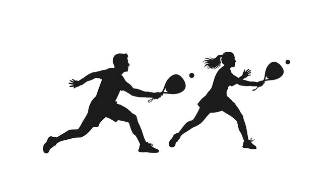 Dynamic male and female athletes in silhouette playing padel tennis with energetic motion and focused intensity during a competitive match