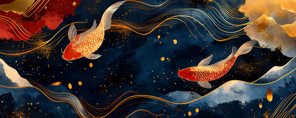 Koi Fish Swimming Through a Dreamy, Celestial Landscape in the Style of Chinese Painting