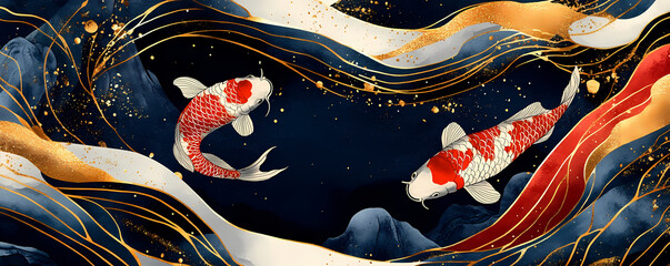 Elegant Koi Fish Swimming in a Serene Watery Landscape with Golden Accents and Artistic Flair