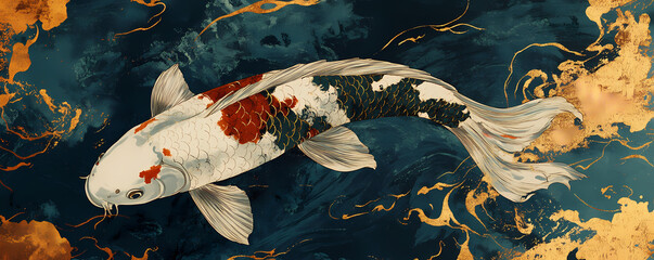 Majestic Koi Fish Illustration with Elegant Gold Accents in Deep Teal