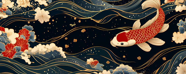 Graceful illustration of a vibrant red koi fish amidst elegant golden waves and blossoming traditional Asian flowers, symbolizing prosperity, good fortune, and perseverance